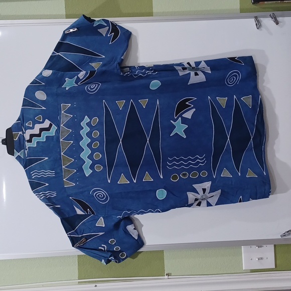 90's vtg Java Lava XL(T) Go w/the Flow Coll Blue Abstract Design Rayon Aloha Sht - Picture 5 of 9
